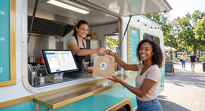 Smiling Customer Quickly Picking up Order